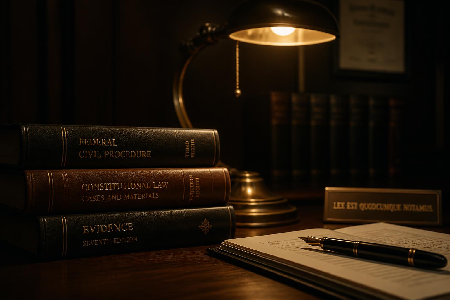 Legal texts on a walnut desk